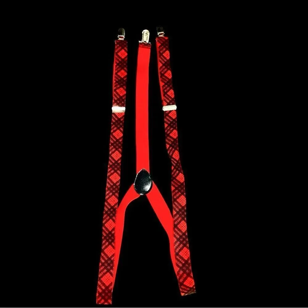 Vintage 70’s red and black plaid suspenders with silver metal clasps!